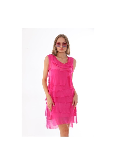Bohem Stil Kat Kat Taşlanmış Mini İpek Elbise Pembe
