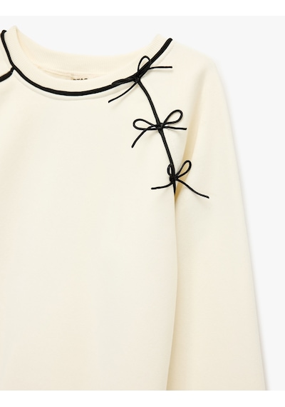 Koton Fiyonk Detaylı Uzun Kollu Bisiklet Yaka Şardonlu Sweatshirt Ekru 7wkg10055ak