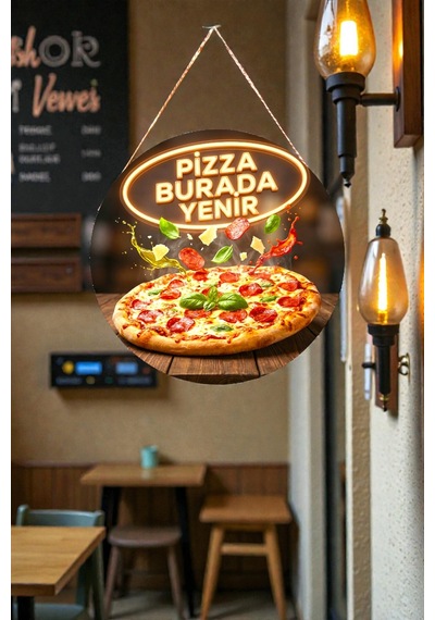 Pizza Burada Yenir İpli Mdf Ahşap Kapı Duvar Süsü, Cafe, Restoran, Salon Dekoratif Tablo