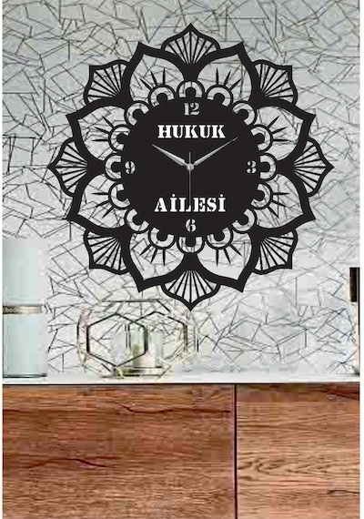 Kişiye Özel Stencil Motif Dekoratif Ahşap Duvar Saati Siyah