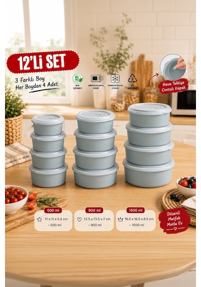 Porsima 5319 12 Parça Yuvarlak Hava Tahliye Valfli Saklama Kabı Seti Mavi 3 Farklı Boy X 4 Adet