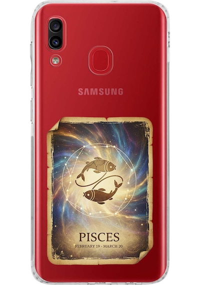 Samsung Galaxy A30 İle Uyumlu Burç Kartları Balık Tasarımlı Şeffaf Silikon Kılıf Şeffaf