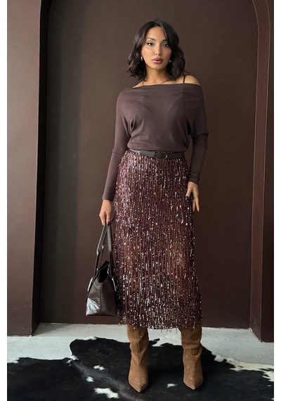 Verymoda Tüy Pullu Etek F1621 Kahve