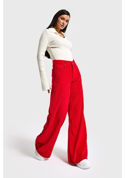 Itsbasic Kadın Kırmızı Renk Hera 26w5-19 Palazzo Fit Kalın Fitilli Velvet Kadife Kumaş Pantolon