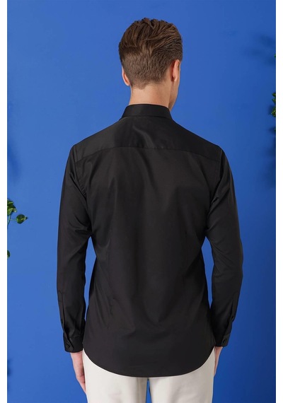 Efor Slim Fit Düğmeli Yaka Pamuklu Klasik Siyah Gömlek Gk 714 Siyah