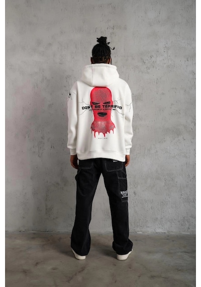 Barlashive Erkek 3 İplik Pamuklu Kapüşonlu Baskılı Cepli Oversize Sweatshirt Hoodie - Beyaz Çok Renkli