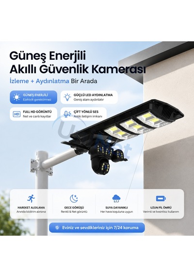 Uninet Solar 4g Kamera 2 Kameralı Güneş Enerjili Sokak Lambası Alarm Hareket Algılayıcılı Güneş Enerjili Kamera