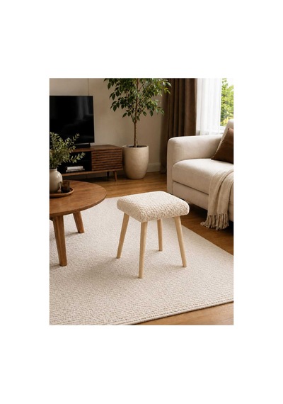 Solo Teddy Kumaş Kaplı Tabure Puf Makyaj Masası Mutfak Balkon Salon Ahşap Ayaklı Tabure Kare Beyaz Beyaz