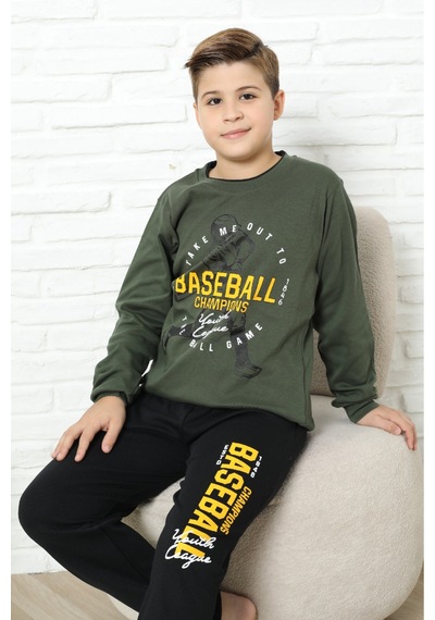 Modanino Erkek Çocuk Pijama Takımı %100 Pamuk İnterlok Kumaş 12447 Haki