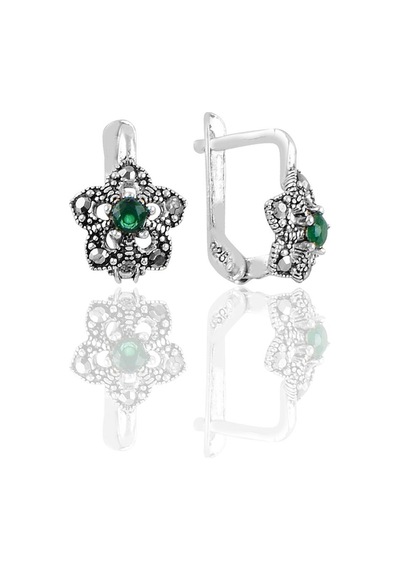 Gümüş Markazit ve Kök Zümrüt Taşlı Lotus Modeli Küpe