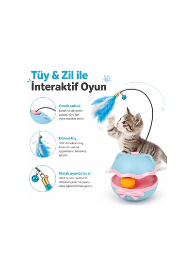 Etkileşimli Kedi Oyuncağı - Devrilmez Tumbler Top, Kendi Etrafında Dönen Gövde Ve Dönen Tüylü Çubuklu Zilli Kedi Oyuncağı, Evde Oyun Ve Aktivite İçin Mavi