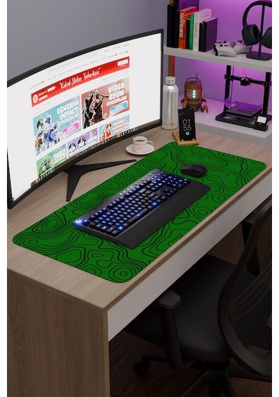 Yeşil Siyah 90x40 Xxl Taraftar Gaming Oyuncu Mouse Pad Kaymaz Taban Büyük Fare Altlığı Topography