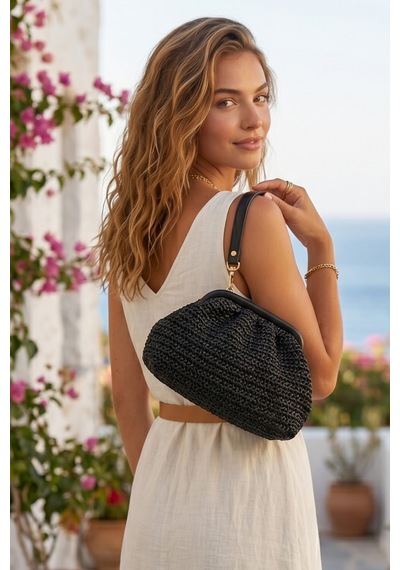 Vivazzaluxe Vintage Model Örme Hasır Kadın Portföy Clutch Çanta Siyah