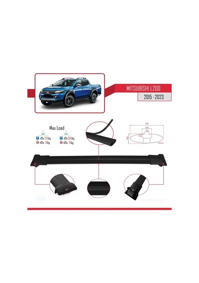 Mitsubishi L200 2015-2023 Arası İle Uyumlu Fly Model Ara Atkı Tavan Barı Siyah 3 Adet Bar