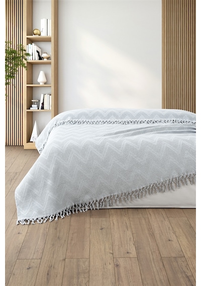 %100 Pamuk Çift Kişilik Bağlama Saçaklı Pike-220x240 Cm-gri Grı Gri