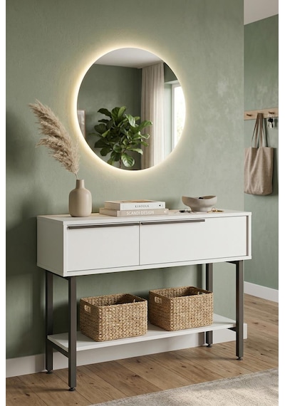 Robin Home Led Aynalı Dresuar Antre Hol Kapaklı 100cm Metal Ayaklı Beyaz