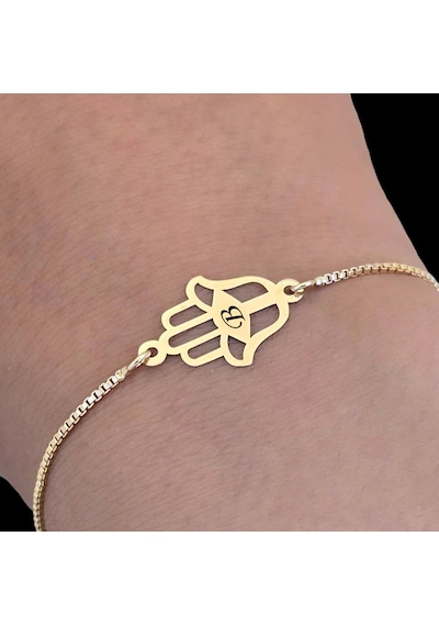 B Harfine Özel Hamsa Motifli 14 Ayar Altın Plakalı Zincirli Hediye Bileklik-497harf B
