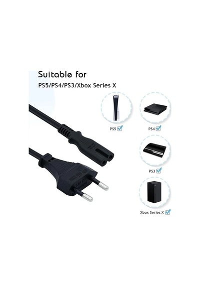 Universal C7 Güç Kablosu 1.5m - Çift Delikli Teyp Konsol Tv Enerji Kablosu Ps4 Slim Ps3 Ps2 Işıldak Laptop Adaptör Radyo Şarj Kablosu Esnek Bakır Siyah Akım Korumalı 2 Pin Sekiz Figür Besleme