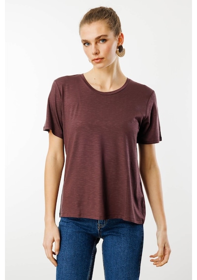 Kadın Sıfır Yaka Flamlı Kumaş Penye Tshirt Kahve Kahve