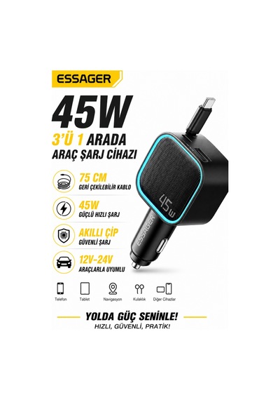 Essager 45w Araç Şarj Cihazı Geri Çekilebilir Type-c Kablolu Pd Hızlı Şarj Çakmaklık Adaptörü 75cm Kablo