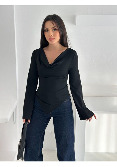 Ckm Moda Drapeli Uzun Kollu Bluz Siyah