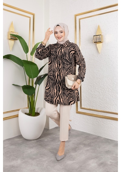 Hira Life Fashion Kadın Tesettür Giyim Ve Spor Giyime Uygun Düğme Detaylı Şık Desenli Dokuma Viskon Gömlek-tunik Vizon 2 Vizon 2