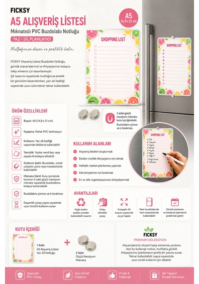 Alışveriş Listesi - A5 - Mıknatıslı - Pvc - Buzdolabı Notluk & Masaüstü - Yaz Sil - Planlayıcı Diğer