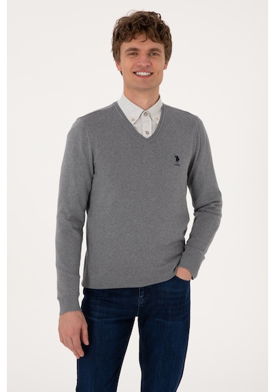 U.S. Polo Assn. Erkek Slim Fit V Yaka Gri Melanj Basic Kazak 50288881-VR086
