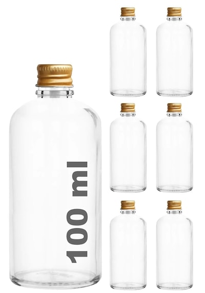 Rotanev 6 Adet Şeffaf Cam Shot Şişesi Sızdırmaz Gold Metal Kapaklı Kolonya Koku Süs Çok Amaçlı Şişe 100 ML