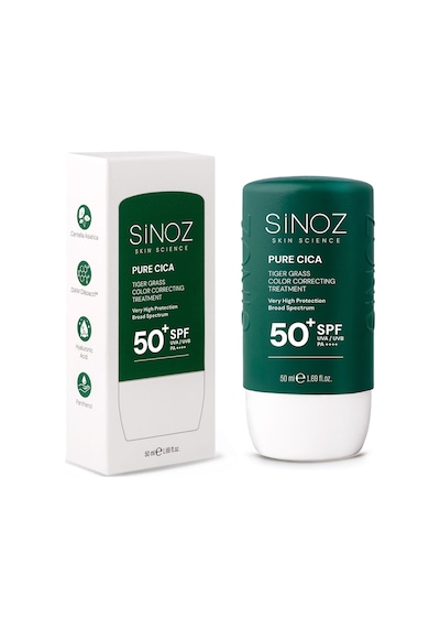 Sinoz Pure Cica Tiger Grass Anında Ton Eşitleyici Onarıcı ve Nemlendirici Sıvı Yüz Güneş Kremi SPF50+ PA++++ 50 ML
