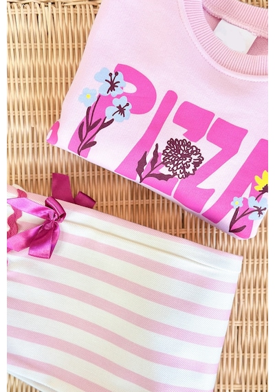 Monila Kız Çocuk Pembe Pizza Yazılı Pamuklu Sweatshirt Ve Pembe Çizgili Kanvas Pantolonlu Alt Üst Takım