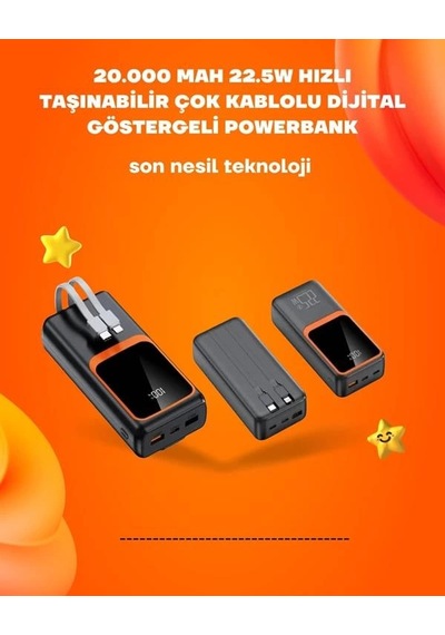 Powerbank 20000 Mah 22.5w Hızlı Şarj, Dahili Kablolu, Lcd Ekranlı Şarj Cihazı Diğer