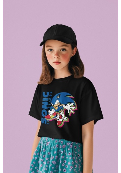 Sevbano Sonic The Hedgehog Baskılı Unisex Oyun Çocuk Tişört 1-12 Yaş SIYAH