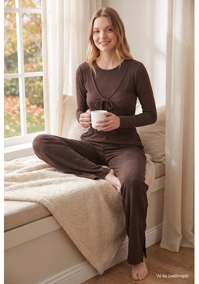 Cottonill Premium - Serene Collection Kahverengi Rib Dokulu Önden Bağlamalı Viskon 3'lü Kadın Pijama Takımı