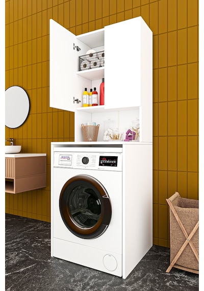 Asra Trend - Çamaşır Makinesi Üstü Banyo Dolabı BD-01 - %100 MDF - İki Kapaklı Organizer Raf - Beyaz