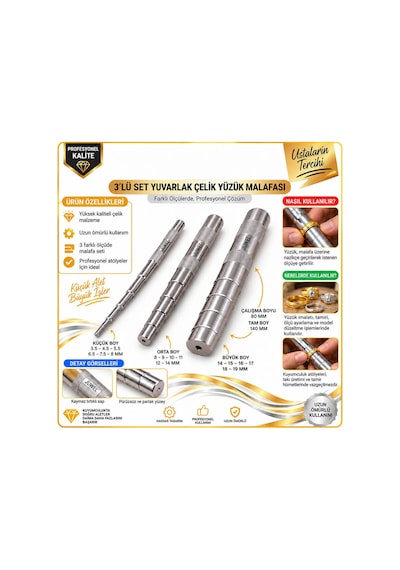 Kuyumculuk Yüzük Çalışma Malafa Seti - 3 Lü Set Metalik