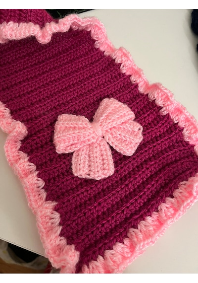 El Örgüsü Pinterest Model Fırfırlı Fiyonklu Kadın Atkı Eldiven Seti Koyu Pembe