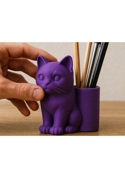 3d Baskı Kedi Figürlü Kalemlik - Masaüstü Organizer - Mor Çok Renkli