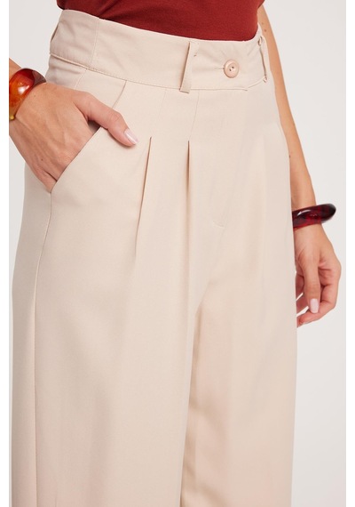 Tudors Kadın Regular Fit Klasik Kesim Yüksel Bel Geniş Paça Bej Pantolon-39545 Bej