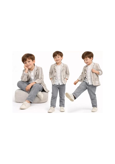 Veraura Lifestyle 1-5 Yaş Müslin Gömlekli Keten 3 Parça Çocuk Takımı Gri