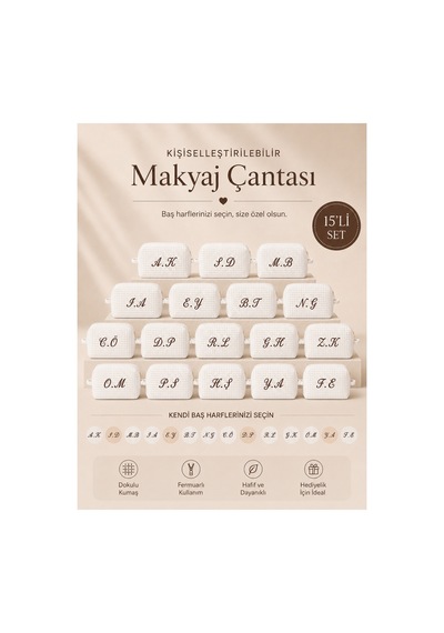Beyaz Kişiye Özel Harf Nakışlı 15'li Pamuklu Hediyelik Kadın Makyaj Kozmetik Ve Seyahat Çantası Seti Beyaz - 903947814