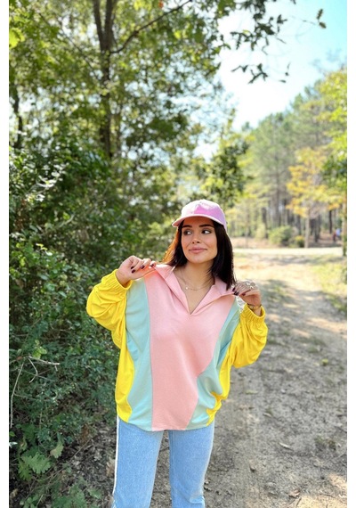 Kadın Pembe Polo Yaka, Yarasa Kol, Lastikli Manşet, Asimetrik Color Block, Salaş Sweatshirt Bluz Pembe