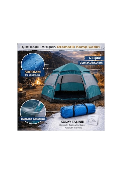 Buffer 4 Kişilik Otomatik Kamp Çadırı Altıgen Tasarım, Çift Kapılı, Suya Dayanıklı, Hızlı Kurulum Yeşil