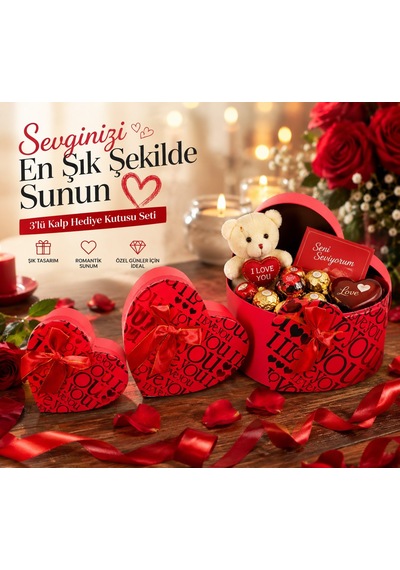 3'lü Kalp Hediye Kutu Seti Sevdiklerinizi Mutlu Etmenin En Şık Yolu 3'lü Set I Love You Kırmızı
