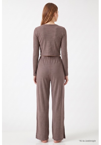Cottonill Premium - Serene Collection Vizon Rib Dokulu Önden Bağlamalı Viskon 3'lü Kadın Pijama Takımı