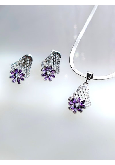 925 Ayar Gümüş Lotus Çiçek Mor Ametist Taşlı Otantik Tasarım Kadın Mücevher Set Kolye Küpe