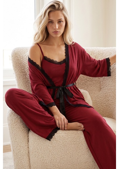 Siyah İnci 3'lü Soft Touch Ince Örme Sabahlık Takım Bordo