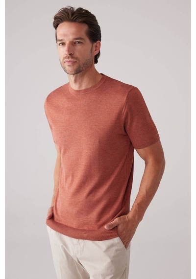 Erkek Turuncu Slim Fit Bisiklet Yaka Yazlık Triko Tişört