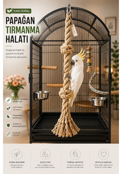 Büyük Irk Papağan Tırmanma Halatı 110 Cm Çap 33 Mm %100 Doğal Kafes Oyuncağı Stres İpi Jüt Halat Macaw Kakadu Jako Amazon Eklektus