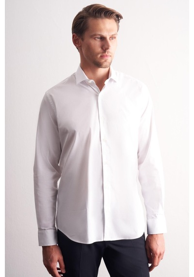 İmza Beyaz Yarım İtalyan Yaka Uzun Kol Premium Slim Fit Pamuklu Gömlek 1004255198 Beyaz